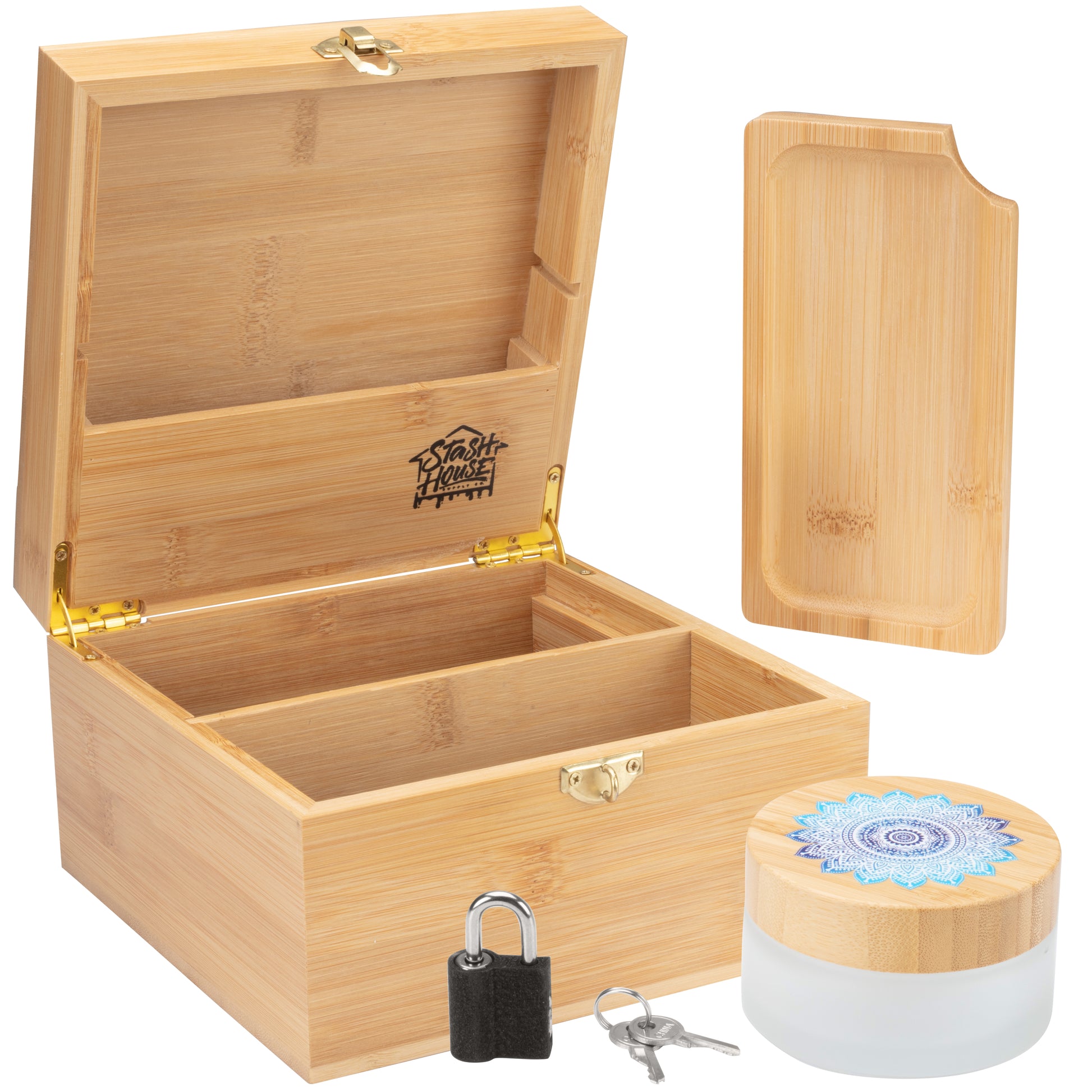 Blue Mandala - Premium Bamboo Stash Box with Metal Padlock and