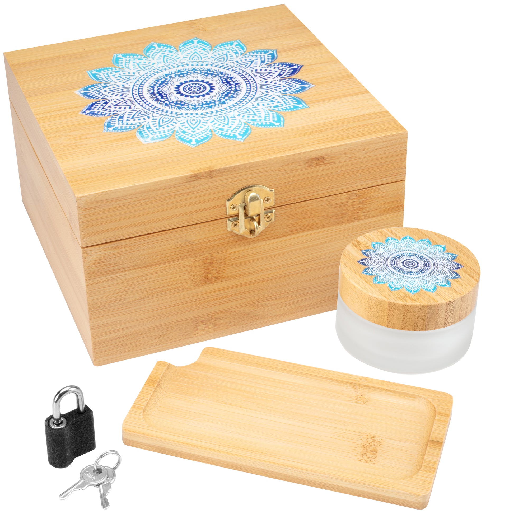 Blue Mandala - Premium Bamboo Stash Box with Metal Padlock and